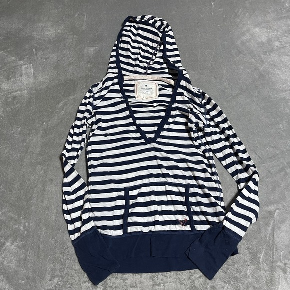 American Eagle Outfitters Tops - Y2K American Eagle Top Womens Large Navy White Striped Hooded Kangaroo Pocket